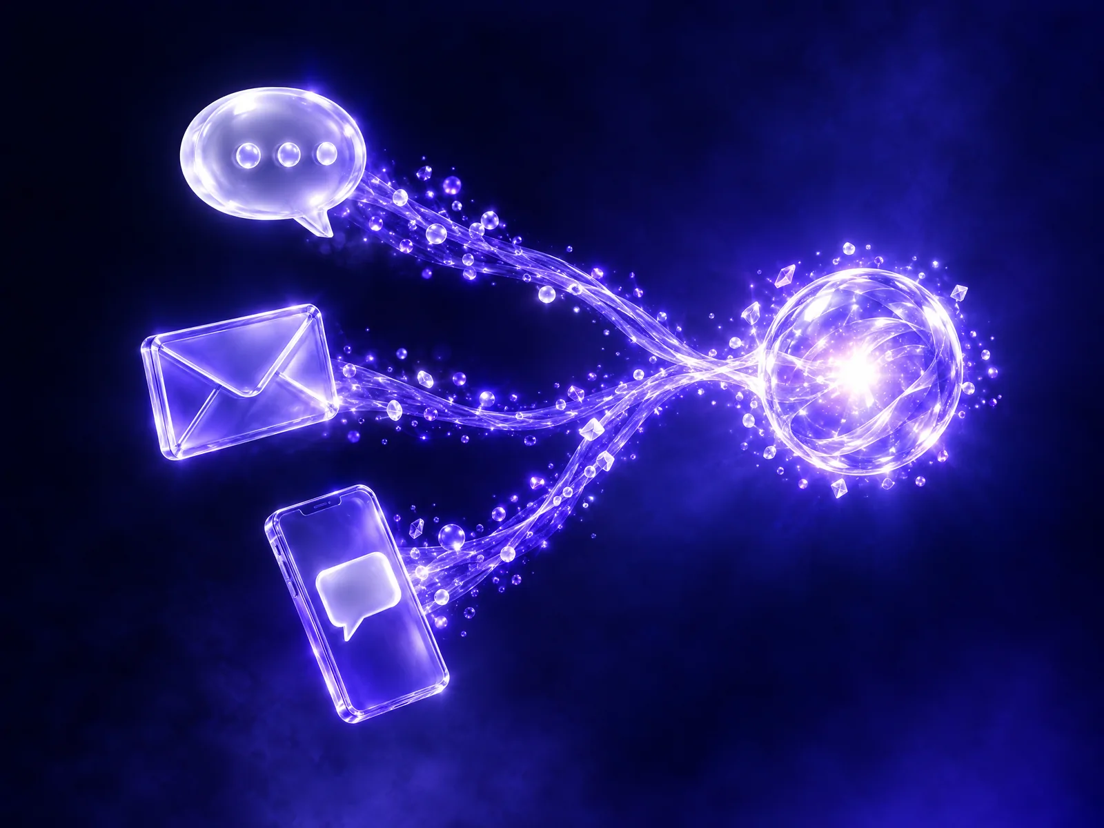 A chat bubble, an envelope, and a phone made of glass sending streams of light into one glowing orb