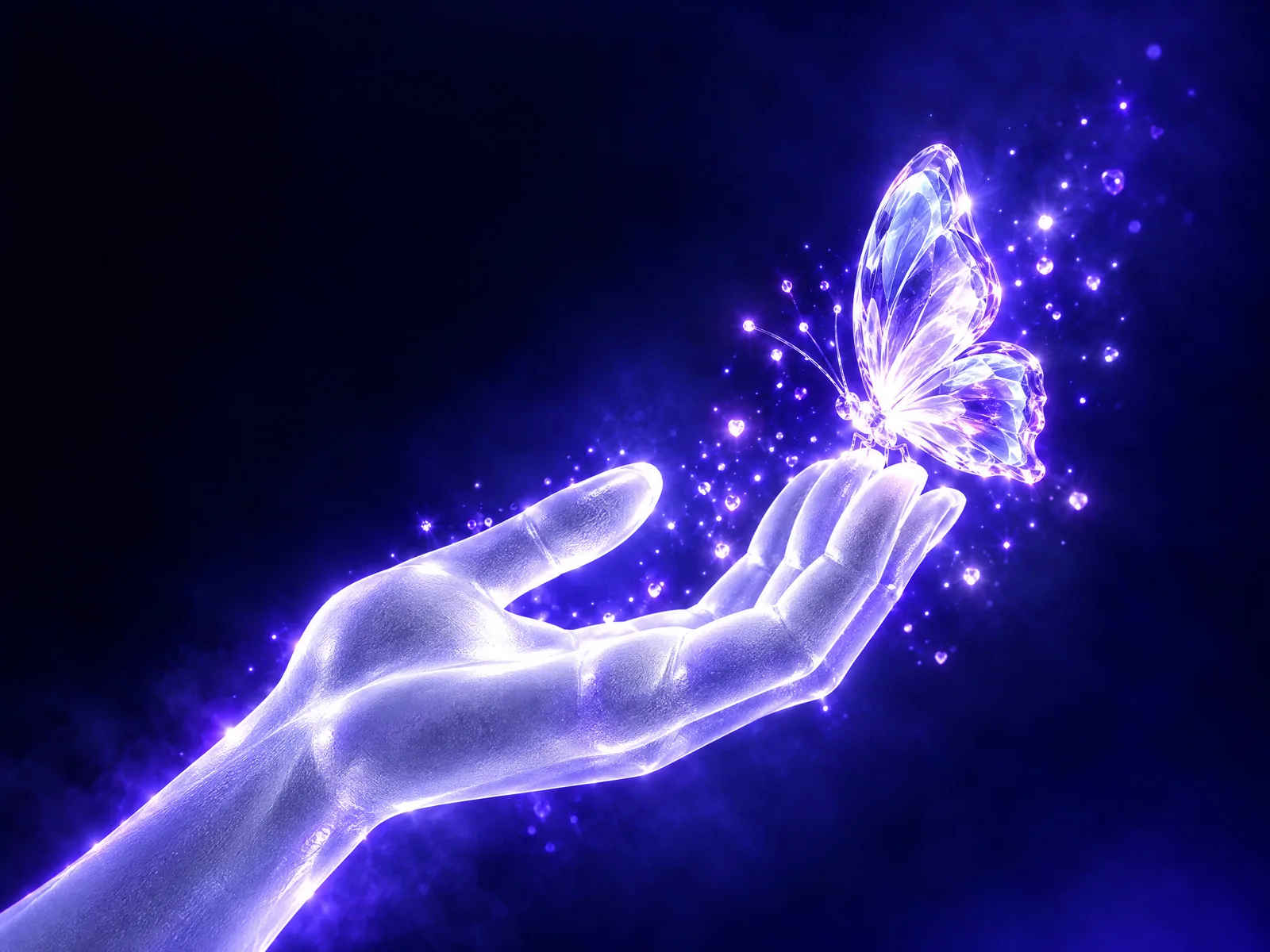 A glass butterfly landing on an open hand made of frosted glass