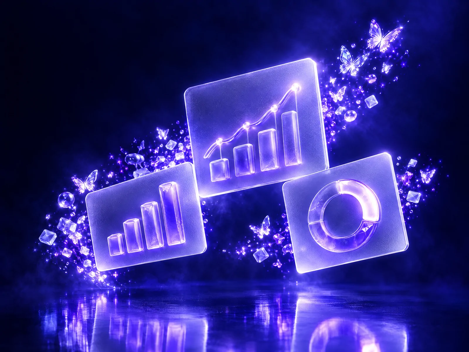 Frosted-glass dashboard cards with glowing charts floating above a dark surface