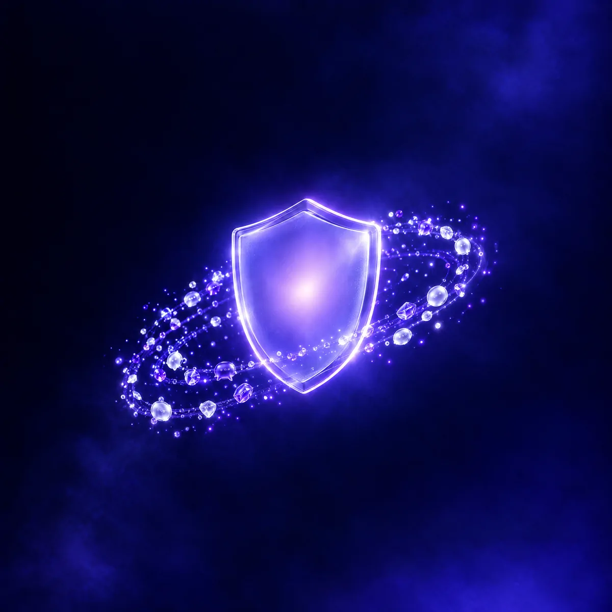 A frosted-glass shield with a soft violet glow