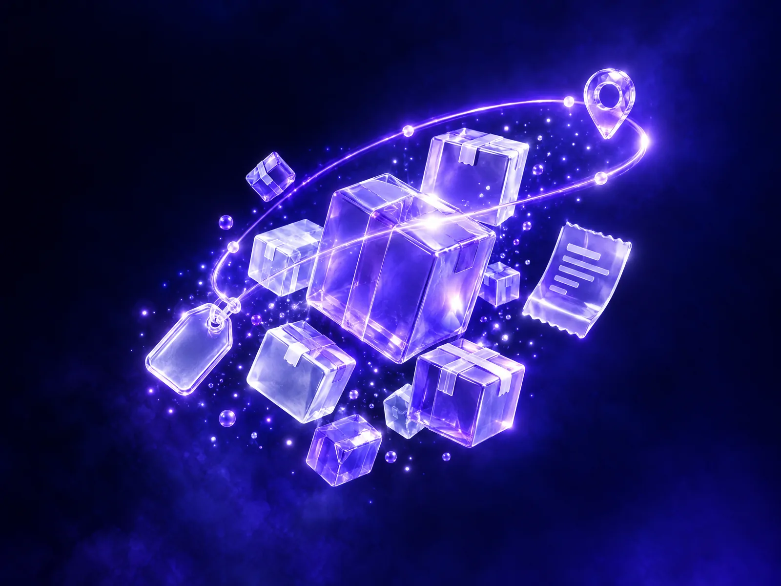 Glass parcels and shipping boxes with a glowing tracking line arcing above them